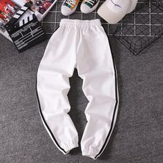 FREE SHIPPING Women Striped Jogger Pants JKP1809 White Joggers With Elastic Side Panels For Jogging, White Joggers With Elastic Side Panels, White Joggers For Jogging, Trendy White Jogging Bottoms, Trendy White Joggers For Jogging, White Jogging Bottoms With Elastic Side Panels, White Bottoms With Elastic Side Panels For Jogging, White Baggy Joggers, Trendy Jogging Bottoms