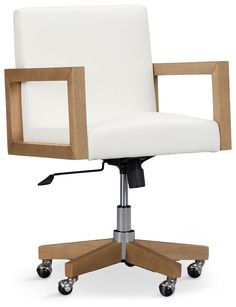 a white office chair with wooden frame and wheels