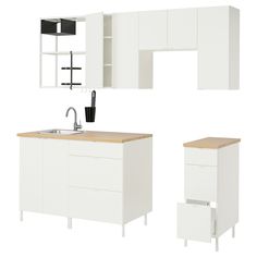 an image of kitchen furniture set with sink and cupboards in white color on white background