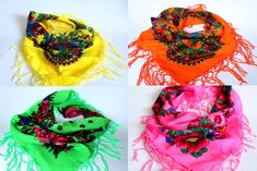 FOLK SCARF WITH FRINGES BEAUTIFUL FLOWER PATTERNS 75cmx75cm (plus fringes) Made in Poland, 100% cotton. High quality! Each pattern is unique (may be different). Please select color which you would like to buy. Folk Fashion, Scarf Shawl, Flower Patterns, Shawl, Beautiful Flowers, Pattern, Color