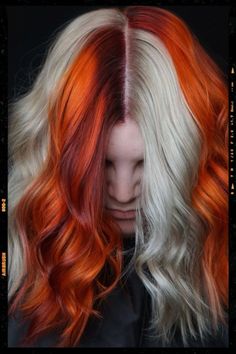 Four Way Split Dyed Hair, Autumn Vivid Hair, Vivid Winter Hair Color, Dyed Hair Colors, Halloween Hair Color Ideas, Halloween Hair Color, Colorblock Hair, Burnt Orange Hair, Hair Color Placement