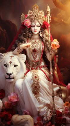 a woman sitting on top of a white lion next to a flower covered field with roses