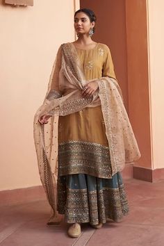 Buy Atelier Shikaarbagh Blue Silk Tissue Zardozi Embroidered Kurta Gharara Set Online | Aza Fashions Shorshe Clothing, Simple Dress Casual, Yellow Kurta, Organza Embroidery, Desi Fits, Short Kurta