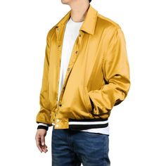 Designed with a bold modern look, this satin-finished bomber jacket is made for optimal comfort and mobility. It has the versatility to wear as athletic activewear or a casual jacket at the club or latest music festival. You can wear alone as a light jacket or layer for additional warmth in colder climates. Size: S.  Color: Gold.  Gender: male.  Age Group: adult. Satin Long Sleeve Outerwear With Button Closure, Solid Color Outerwear With Snap Buttons For Streetwear, Solid Outerwear With Snap Buttons For Streetwear, Winter Satin Long Sleeve Outerwear, Gold Long Sleeve Outerwear For Streetwear, Latest Music, The Club, Men's Coats And Jackets, Light Jacket