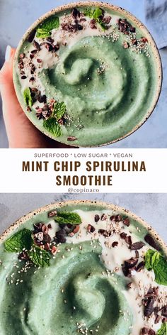 two bowls filled with green smoothie and topped with mint sprinkles on top