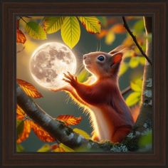 a painting of a squirrel reaching up to the moon on a tree branch with leaves