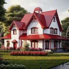 a white and red house with lots of windows