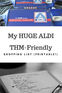 a shopping cart full of items with the text my huge aid thm - friendly shopping list printable