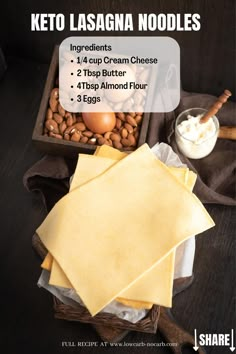 ingredients for keto lasagna noodles in a wooden box