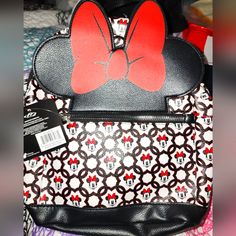 Authentic Minnie Mouse Backpack Red Minnie Mouse Backpack For Disney Trips, Black Mickey Mouse Backpack, Black Minnie Mouse Bag For Back To School, Black Minnie Mouse Backpack For Back To School, Red Disney Minnie Mouse Backpack, Minnie Mouse Backpack For Disney Fan Events, Disney Red Minnie Mouse Backpack, Red Minnie Mouse Standard Backpack, Mickey Mouse Themed Backpack For Disney Trips