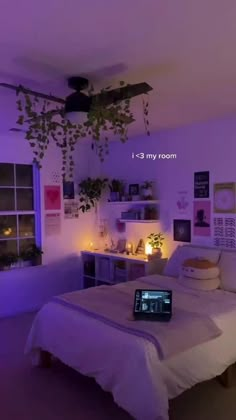 a bed room with a laptop computer on top of it and plants hanging from the ceiling