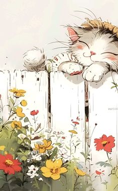 a cat sleeping on top of a wooden fence next to flowers and daisols