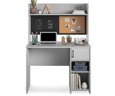 an office desk with a chalkboard on the wall behind it and shelves above it