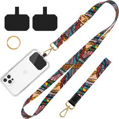 an iphone case and lanyard strap with matching phone holder, two clippings and one keychain