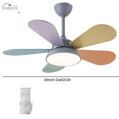 the ceiling fan has four different colored blades