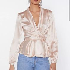 Brand New With Tags Elegant Pink Tops For Brunch, Pink Satin Top For Evening, Pink Satin Blouse For Night Out, Beige Satin Party Tops, Elegant Pink Blouse For Date Night, Fitted Pink Satin Blouse, Pink Satin Feminine Blouse, Trendy Pink Satin Top, Pink Satin Blouse In Feminine Style