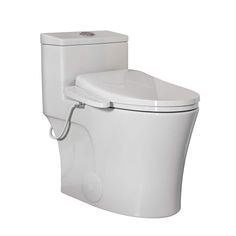 a white toilet with the lid up and an electronic tank attached to it's side