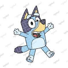 a cartoon character with glasses and a blue cat on it's back, in the air