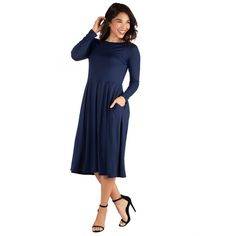 A fall wardrobe must have. This midi dress for women is great for any occasion whether casual or dressy. Featuring a round neckline, long sleeves, midi length hemline, pleated waist, and pockets for a finishing touch. Pair this fit n flare dress with ballet flat for a casual look or create a dressy look with heels. Available in nine beautiful color options, youll want one in every color. Made from a soft and comfortable stretch material that is machine washable for easy care. Elegant Navy Midi Dress For Fall, Chic Long Sleeve Navy Midi Dress, Chic Navy Long Sleeve Midi Dress, Chic Navy Dresses For Fall, Chic Navy Dress For Fall, Navy Midi Dress For Fall, Navy Knee-length Midi Dress For Formal Occasions, Navy Knee-length Midi Dress For Work, Navy Knee-length Formal Midi Dress