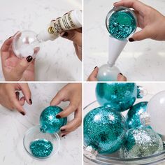 the process for making glitter ornaments is shown in four different pictures, including blue and green balls