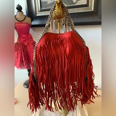 New Super Rare Super Fun Look At Pics For Measurement. Luxury Fringe Shoulder Bag For Party, Luxury Shoulder Bag With Fringe, Chic Red Shoulder Bag For Evening, Chic Red Shoulder Bag With Dust Bag, Chic Red Shoulder Bag With Chain Strap, Luxury Fringe Bag For Shopping, Red Tote Shoulder Bag For Party, Red Tote Bag For Party, Designer Red Shoulder Bag For Party