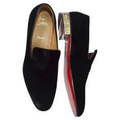 Brand new Christian Louboutin black velour loafers with the original box! Louboutin adds a fun twist to the classic black loafer with this stunning silver and gold gem motif on the heel. Perfect for anyone on the hunt for their new go-to pair of versatile dress shoes with an effortless flare! Make a statement and match the heel to your Cartier jewelry and Gucci belt, or dress these down with some Hermes trousers and a Versace shirt! In excellent brand new condition with no signs of wear, please see photos. Made in Italy. Marked size EU mens size 45. Christian Louboutin Shoes Mens, Louboutin Shoes Mens, Louboutin Loafers, Christian Louboutin Loafers, Christian Louboutin Men, Versace Shirt, Hermes Men, Cartier Jewelry, Men Loafers