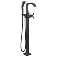 the bathtub faucet with hand shower head and handset is shown in black