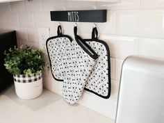 two oven mitts hanging on the wall next to a potted plant in a kitchen