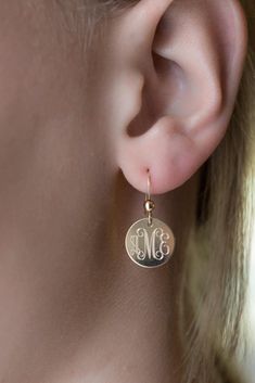 Monogrammed Earrings Gold Filled Dangle Style for Bridesmaids - Etsy Personalized Drop Earrings For Anniversary, Elegant Monogram Round Disc Jewelry, Elegant Monogrammed Round Disc Jewelry, Personalized Sterling Silver Earrings As Gift, Engraved Drop Earrings As Gift, Engraved Drop Earrings For Gift, Yellow Gold Earrings With Initials As A Gift, Elegant Gold Monogram Earrings, Elegant Dangle Jewelry For Personalized Gift