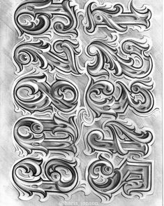 a drawing of some type of lettering with swirls and letters on it's sides