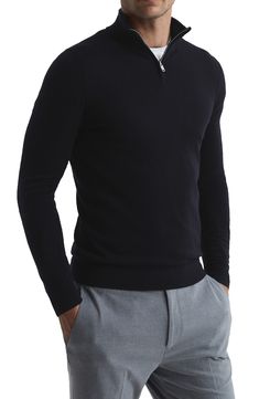 A stand collar and quarter-zip closure bring classy ease to a fitted sweater knit from expertly dyed mélange wool. 26" length (size Small) Stand collar Long sleeves 100% wool Hand wash, dry flat Imported Quarter Zip Outfit Men, Quarter Zip Outfit, Dark Grey Suit, Work Wear Men, Smart Casual Office, Dark Gray Suit, Jumper Outfit, Grey Suit, Business Casual Men