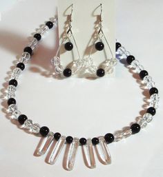 Quartz Crystals - Black and Clear necklace set - 19" glass beaded necklace with Quartz Crystal accents - Necklace and earrings - Elegant by MoonbeadJewelryUS on Etsy Black Glass Beaded Jewelry, Black Glass Jewelry For Jewelry Making, Adjustable Black Crystal Necklaces With Colorful Beads, Black Faceted Crystal Necklaces For Jewelry Making, Adjustable Black Crystal Necklace With Colorful Beads, Black Crystal Jewelry With Faceted Beads, Black Round Glass Jewelry, Spiritual Black Crystal Necklace With Faceted Beads, Black Glass Round Beads Jewelry