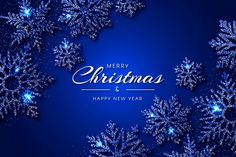 merry christmas and happy new year greeting card with snowflakes on dark blue background