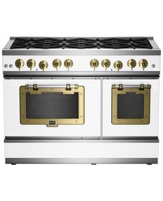 a white and gold stove with four burners