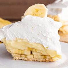 a piece of banana cream pie on a white plate