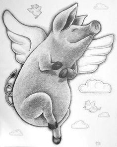 a drawing of a pig flying through the sky