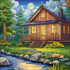 a cabin in the woods with a dog sleeping on the grass next to water and rocks