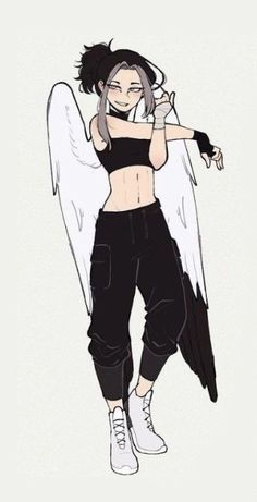 a drawing of an angel girl with wings on her chest and black pants, white sneakers