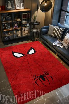 a living room with a spiderman rug on the floor