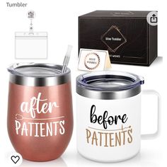 two coffee mugs, one with the words before patients on it and an empty box