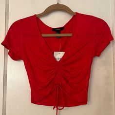 Brand New! Bright Color Perfect For Summer And Great Material. Trendy Ruched Summer T-shirt, Trendy Ruched T-shirt For Summer, Summer Red Ruched Top, Trendy Ruched T-shirt For Spring, Casual Red Ruched Top, Red Stretch Top From Forever 21, Red Stretch Tops From Forever 21, Red Stretch Top By Forever 21, Casual Red Tops From Forever 21