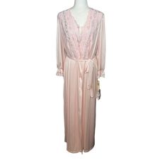 Vintage Vanity Fair Peignoir Set Robe Nightgown Set Peach Lace Size M Deadstock Feminine V-neck Robe For Sleep, Spring Wedding Night Sleepwear With Open Front, Pink Feminine Robe For Sleepover, Feminine Pink Robe For Sleepover, Elegant Pink Nightgown For Loungewear, Feminine Long Sleeve Robe For Home, Feminine Long Sleeve Home Robe, Elegant Pink Nightgown, Feminine Open Front Robe For Loungewear