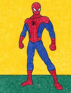 a drawing of a spider - man standing in front of a yellow background with green grass