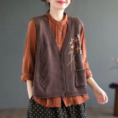 Women Tank Tops Retro Vest Waistcoat Knitted Cardigan Coat Jacket Embroidery Top | eBay Dhl Packages, Retro Vest, Khaki Sweater, Jacket Embroidery, Coffee Sweater, Loose Cardigan, Cardigan Sweater Vest, Sweater Autumn, Vest Women