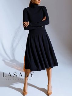 Lasaky - Classic Regular Fit Turtleneck Dress with Elegant Minimalist Design Outfit Minimalista, Warm Winter Dresses, Dark Blue Dress, Office Dresses For Women, Dresses Casual Winter, Turtleneck Dress, Fitted Turtleneck, Minimalist Dresses, Long Sleeve Turtleneck