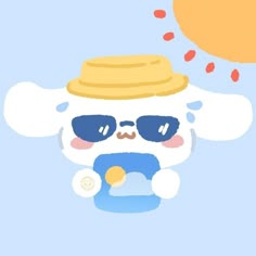 a cartoon bear wearing sunglasses and a hat with the sun in the sky behind him