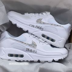 Swarovski Women's Nike Air Max 90 // Wedding name and date, Blinged out with authentic silver crystals, Comfortable shoes, Silk ribbon laces These Nike Air Max 90 Trainers are 100% unique with no two pairs the same. Super comfortable shoes! 𝕀𝕄ℙℝ𝔼𝕊𝕊 𝔼𝕍𝔼ℝ𝕐𝕆ℕ𝔼 with these custom Crystalized Air Max Kicks today! Size: Please contact us if unsure on what size you need.  UK 3 / EU 35.5 / Girls 3.5Y UK 3.5 / EU 36 / Girls 4Y / W5.5 UK 4 / EU 36.5 / Girls 4.5Y / W6 UK 4.5 / EU 37.5 / Girls 5Y Nike Trainer, Nike Air Max 90s, Shoes Names, Air Max 90 Premium, Ribbon Laces, Brand Name Shoes, Nike Trainers, Wedding Name, Nike Air Max For Women