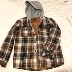 Boys Flannel, Faux Sherpa Lined, Jersey Knit Hoodie, Never Worn, The Sleeves Are Also Lined With The Faux Sherpa. I Bought It For My Son And It Was Too Small. Boys Size L(14/16). Very Cozy And Soft. Sherpa Lined Hoodie, Boys Flannel, Flannel Hoodie, Lined Hoodie, Knit Hoodie, Sherpa Lined, Kids Jacket, My Son, Hoodie Jacket