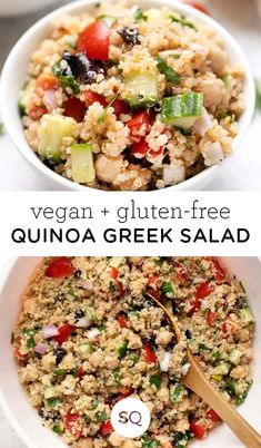 two bowls filled with quinoa and greek salad