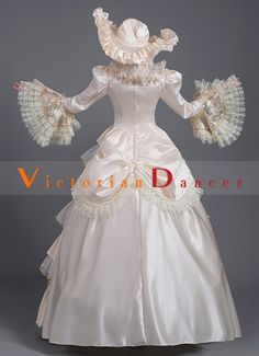 Champagne Baroque Rococo Marie Antoinette Dress Reenactment Revolutionary Victorian Costume   Condition: Brand New  Color: amp;nbsp; As Picture  Material: Satins And Lace  Silhouette: Ball Gown  Sleeve Length: Long Sleeve  Dresses Length:Floor-Length  Neckline: O-Neck  Decoration: Lace  Style: Vintage   Includes: Dress + Hat   More Detail: About 45 inches (114 cm) long from waist to hem regardless of size. This dress is pictured with a 4-hoop skirt underneath to achieve the look. Hoop skirts are Elegant Baroque Medieval Dress For Fancy Dress, Regency Victorian Dress With Ruffles In Cream, Elegant Victorian Dress For Theater With Baroque Style, Elegant Baroque Victorian Dress For Theater, Rococo Style Medieval Costume Dress, Baroque Victorian Dress Costume, Elegant Victorian Dress With Historical Design For Costume Party, Vintage Baroque Victorian Dress For Theater, Elegant Victorian Dress For Costume Party